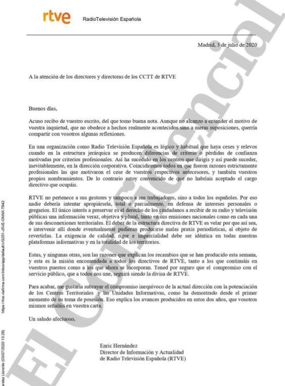 Consulte aquí en PDF la carta del director de Información y Actualidad de RTVE, Enric Hernàndez, a los directores de los centros territoriales de la corporación pública. (EC)