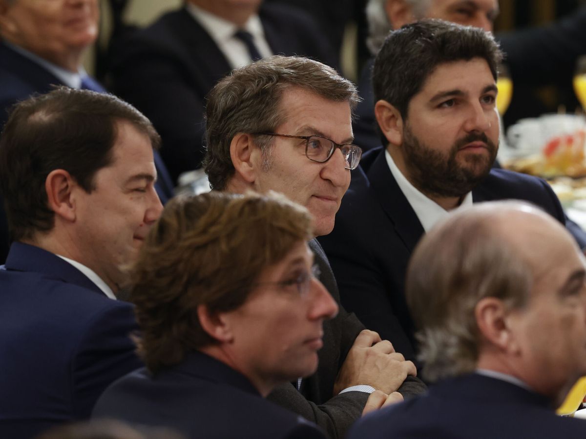 Foto: El presidente del PP, Alberto Núñez Feijóo, acompañado de Alfonso Fernández Mañueco y Fernando López Miras. (EFE/Javier Lizón)