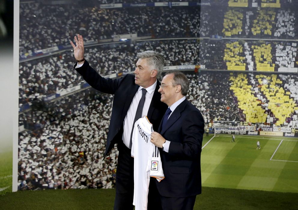 Foto: Ancelotti y Florentino Pérez, durante la presentación del técnico italiano (EFE)