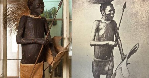 Foto: A la izquierda, el Negro de Banyoles en el museo en 1992; a la derecha, en París en 1880. (Fotografía encontrada recientemente por Frank Westerman)