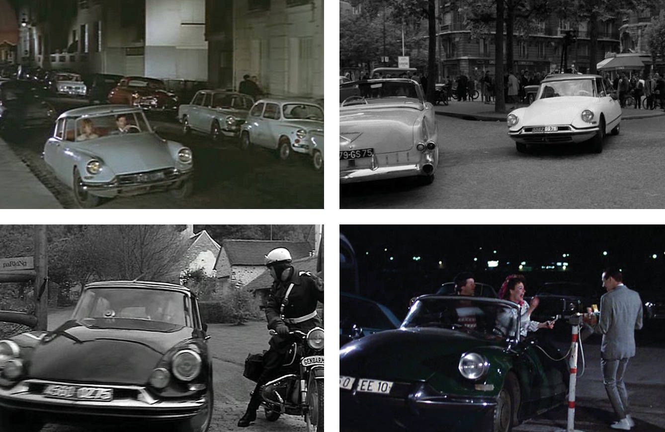 De izquierda a derecha y de arriba abajo, diferentes momentos del Citroën DS en la gran pantalla: en 1956, en 'Comisario San Antonio', de Guy Lefranc; en 1958, en 'El siciliano', de Michael Cimino; en 1966, en 'Les malabars sont au parfum', de Guy Lefranc; y en 1985, en 'La gran aventura de Pee-wee', de Tim Burton.