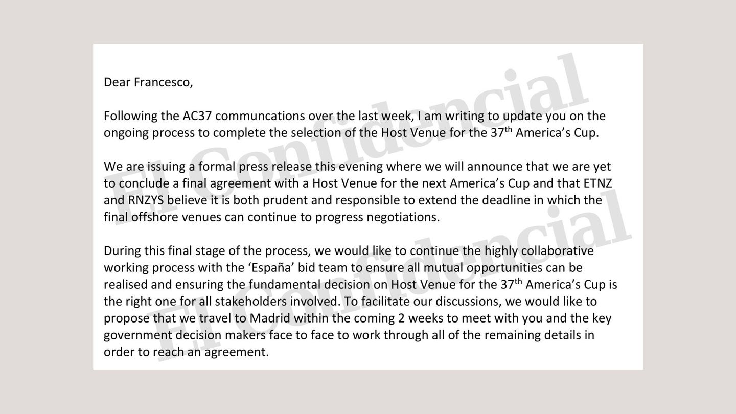 Carta en que el CEO del New Zealand comunica que quiere viajar a Madrid para hablar "cara a cara" con el Gobierno. 