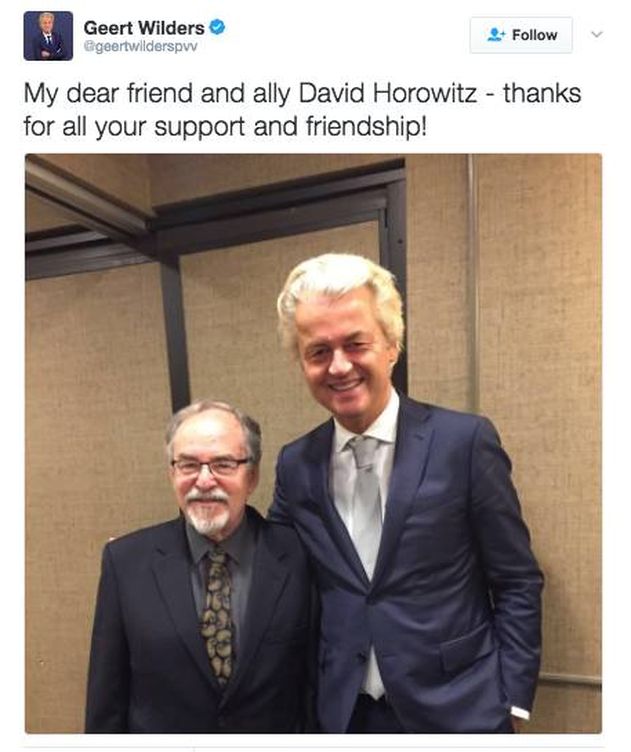 Captura de pantalla de la cuenta de Twitter de Wilders, donde muestra su relación con David Horowitz. 