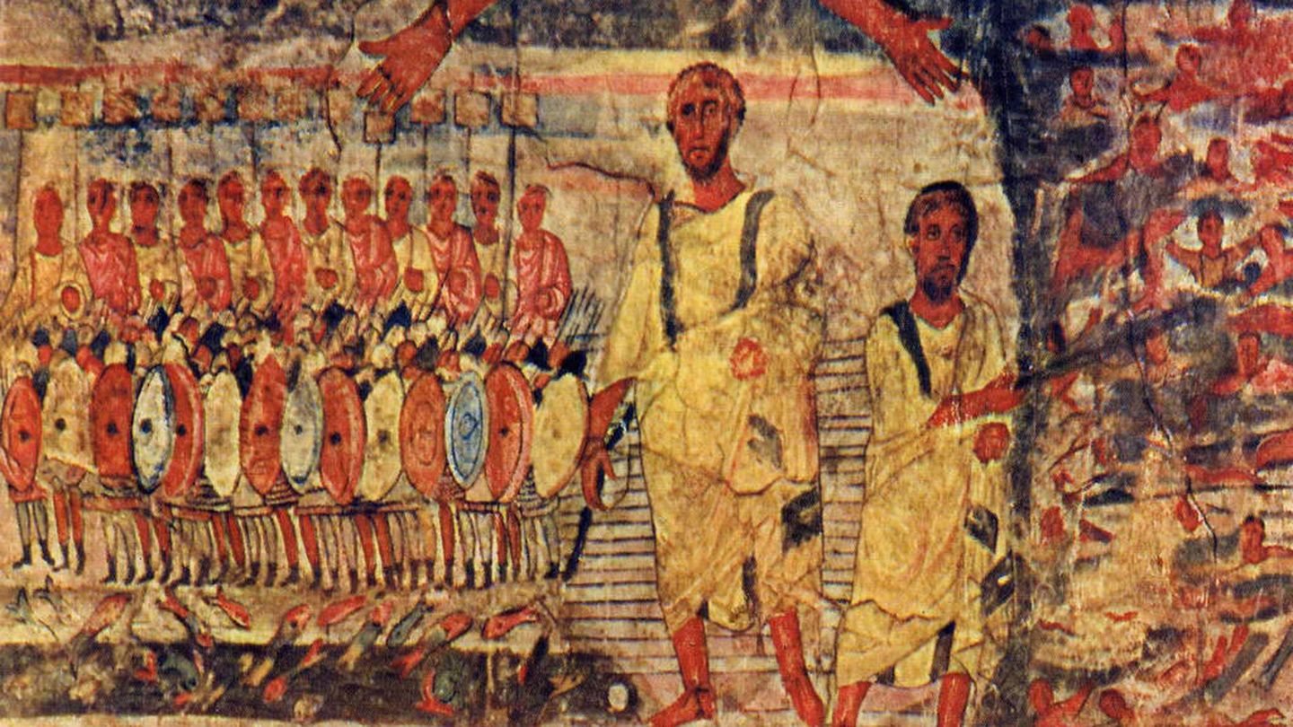 El cruce del Mar Rojo en una de las pinturas al fresco del palacio de Dura Europos.