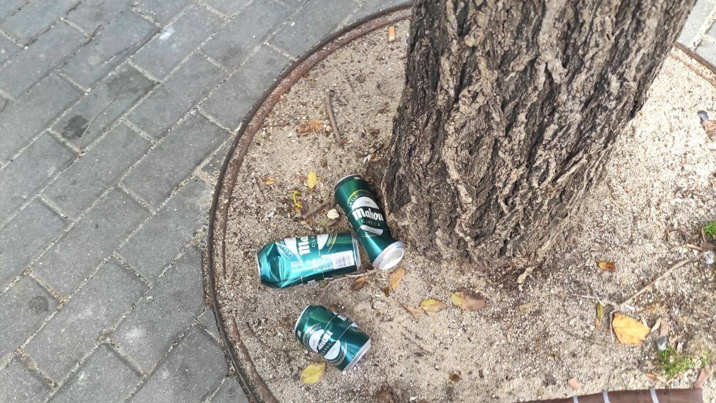 Varias latas de cerveza, vacías y en el suelo de la plaza principal de Oporto, Madrid. (L.B.)