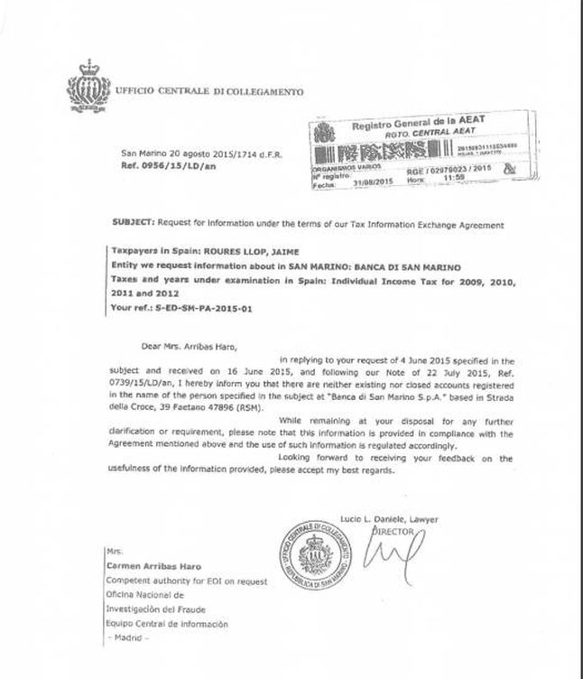 Carta remitida a Hacienda desde San Marino. (EC)
