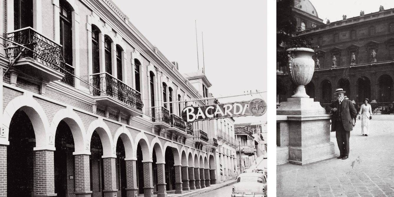 A la izquierda, oficinas de la empresa en Santiago de Cuba, en 1950. A la derecha, Facundo Bacardí Moreau en un viaje a Europa; fue el primer maestro mezclador de la compañía Bacardí y aprendió su arte al lado de su padre.