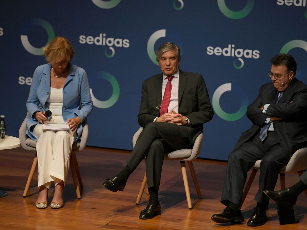 Foto: El presidente de Enagas, Antonio Llardén (d), y el de Naturgy, Francisco Reynés, durante una mesa redonda dentro de la primera jornada de la reunión anual de la asociación Sedigas. (EFE)