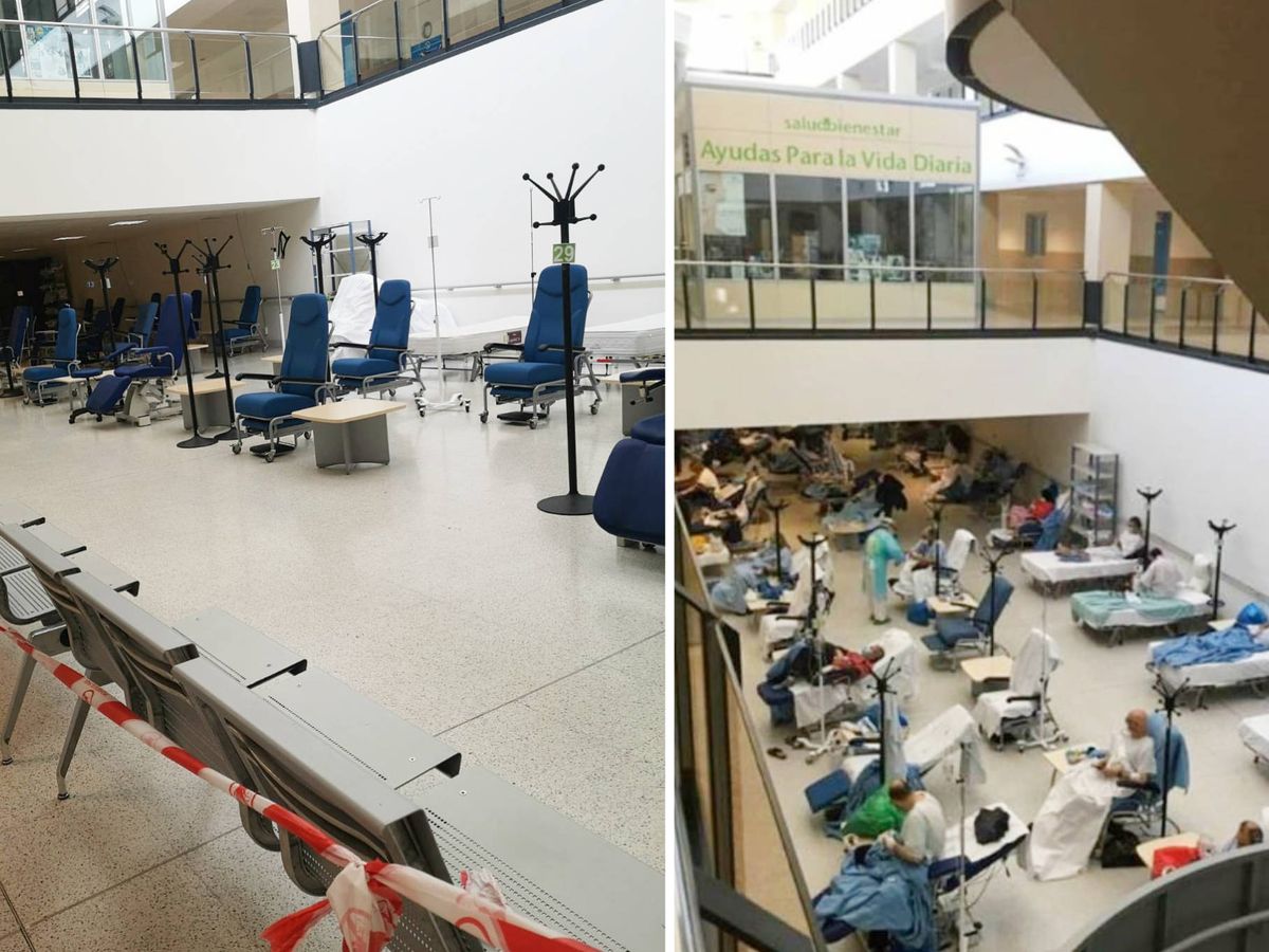 Foto: Hospital del Henares (Coslada) este 7 de abril (a la izquierda) y el 31 de marzo (a la derecha). (EC)