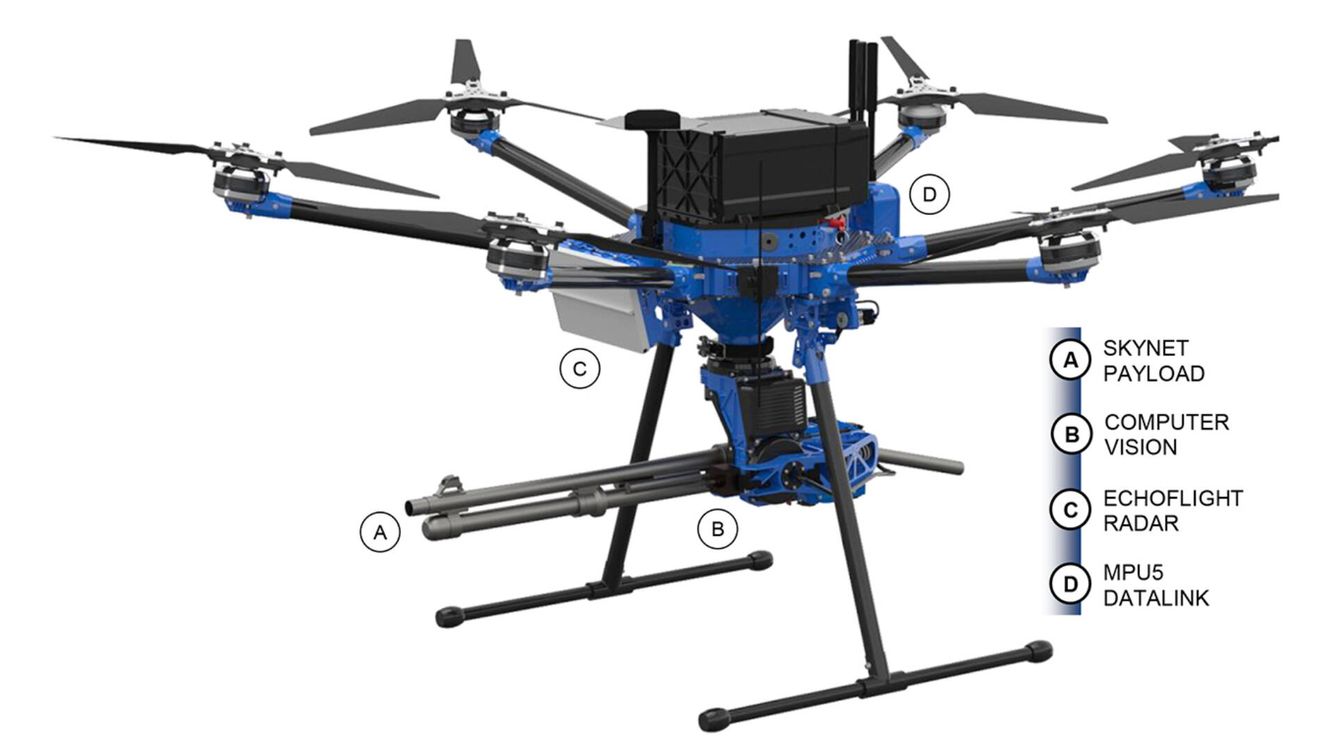 El drone con al brazo que dirige la escopeta y absorbe el retroceso del disparo. (AFRL)