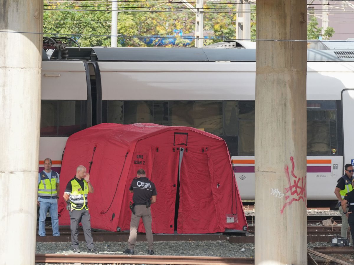 Foto: La Policía y la UME junto a los dos trenes donde se ha localizado el cadáver. (Europa Press/María José López)