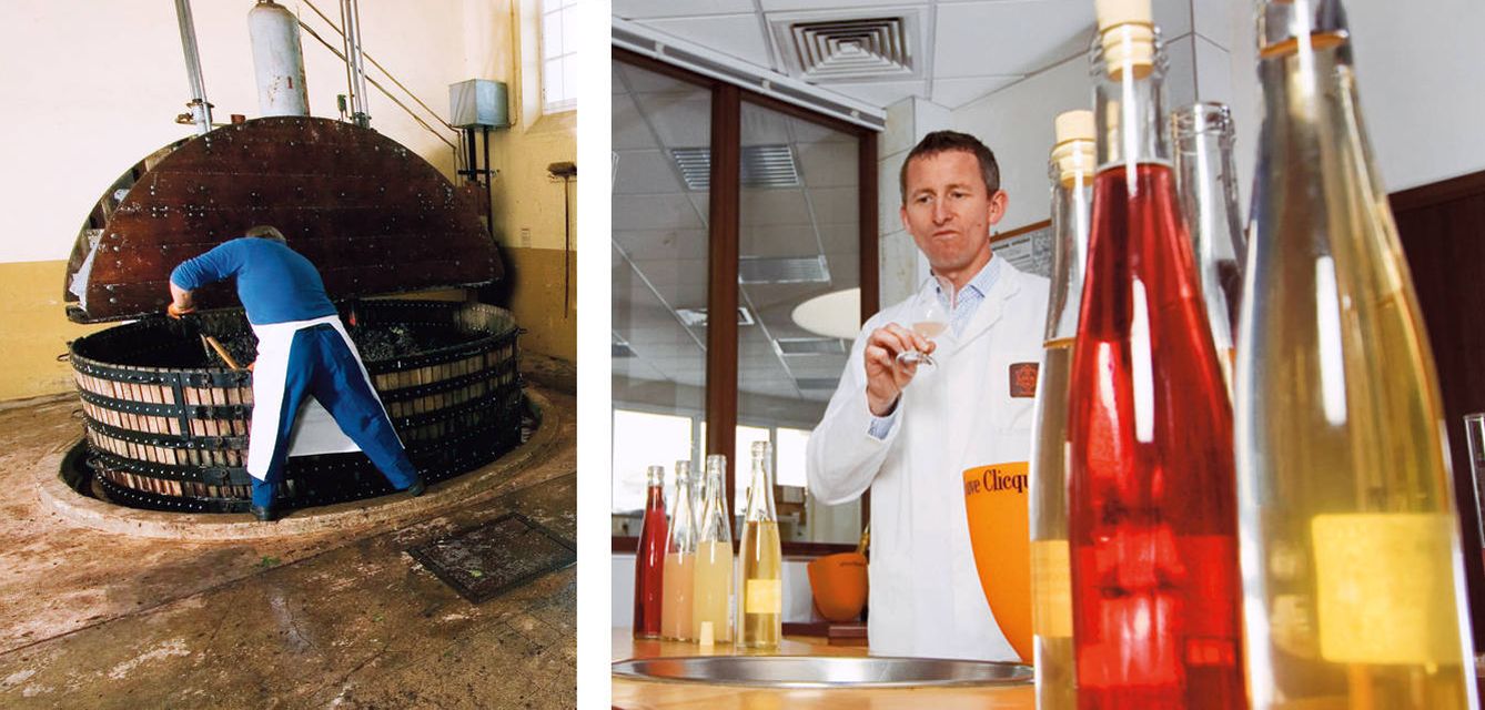 A la izquierda, proceso de elaboración de Clos du Mesnil. A la derecha, un experto realiza una cata de Veuve Clicquot. (Foto: Oliver Roux/Volpe)