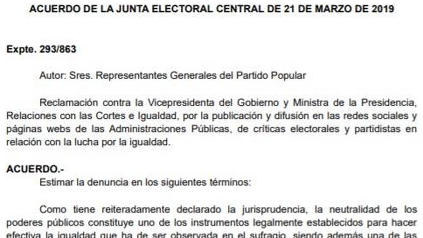 Consulte aquí en PDF el acuerdo de la JEC contra Carmen Calvo.