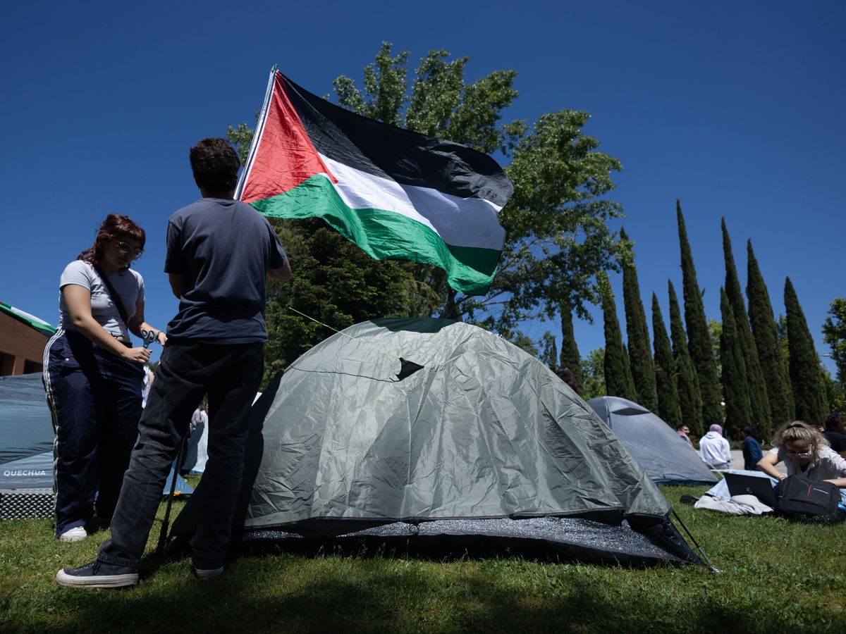 Foto: Unos estudiantes en la acampada en las indemnizaciones de la Universidad Complutense pidiendo el fin del conflicto en Gaza. (Europa Press/Eduardo Parra)