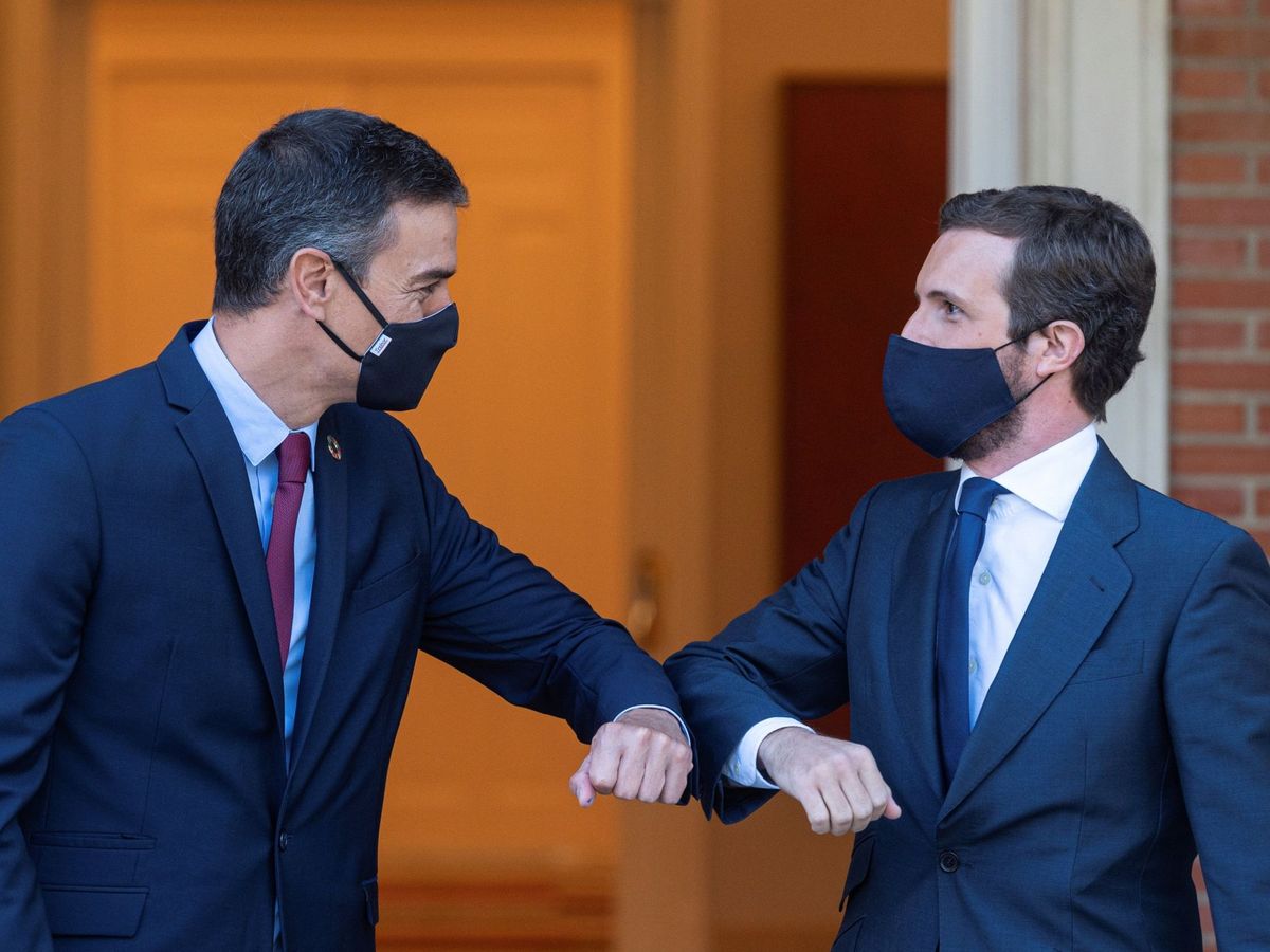 Foto: El presidente del Gobierno, Pedro Sánchez, y el líder de la oposición, Pablo Casado, se saludan a la entrada del Palacio de la Moncloa. (EFE) 