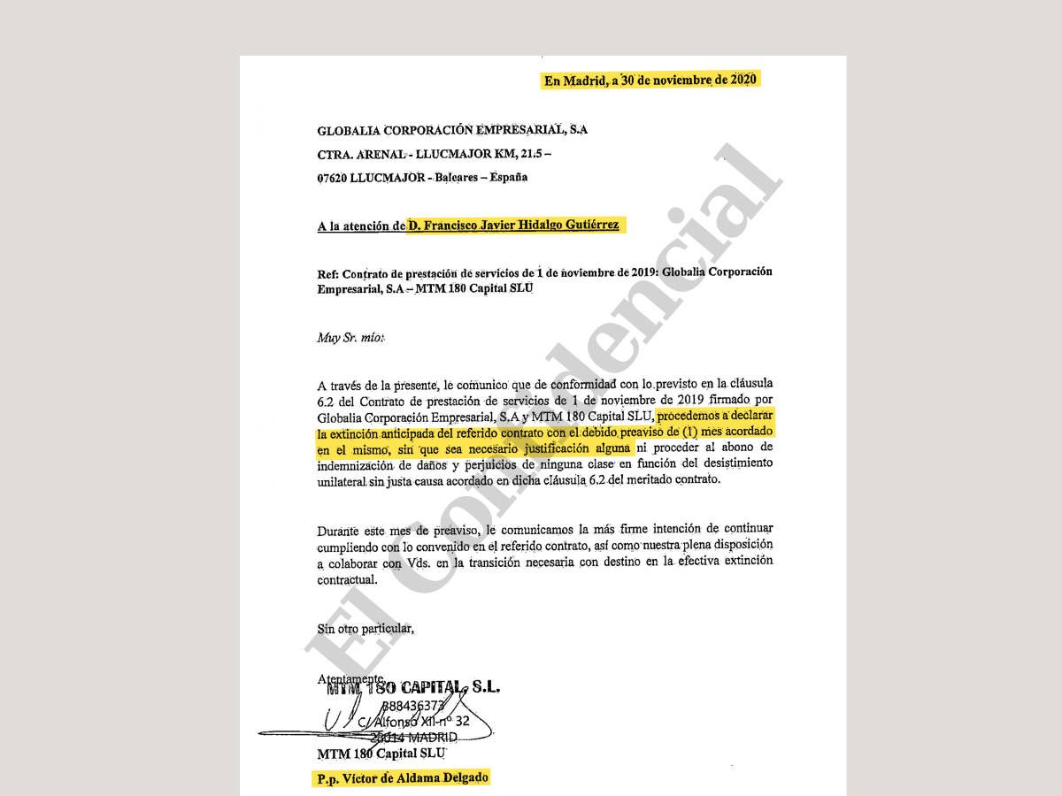 Foto: La carta que Aldama remitió a Hidalgo el 30 de noviembre de 2020 para finiquitar el contrato por el que estaba cobrando 10.000 euros mensuales.