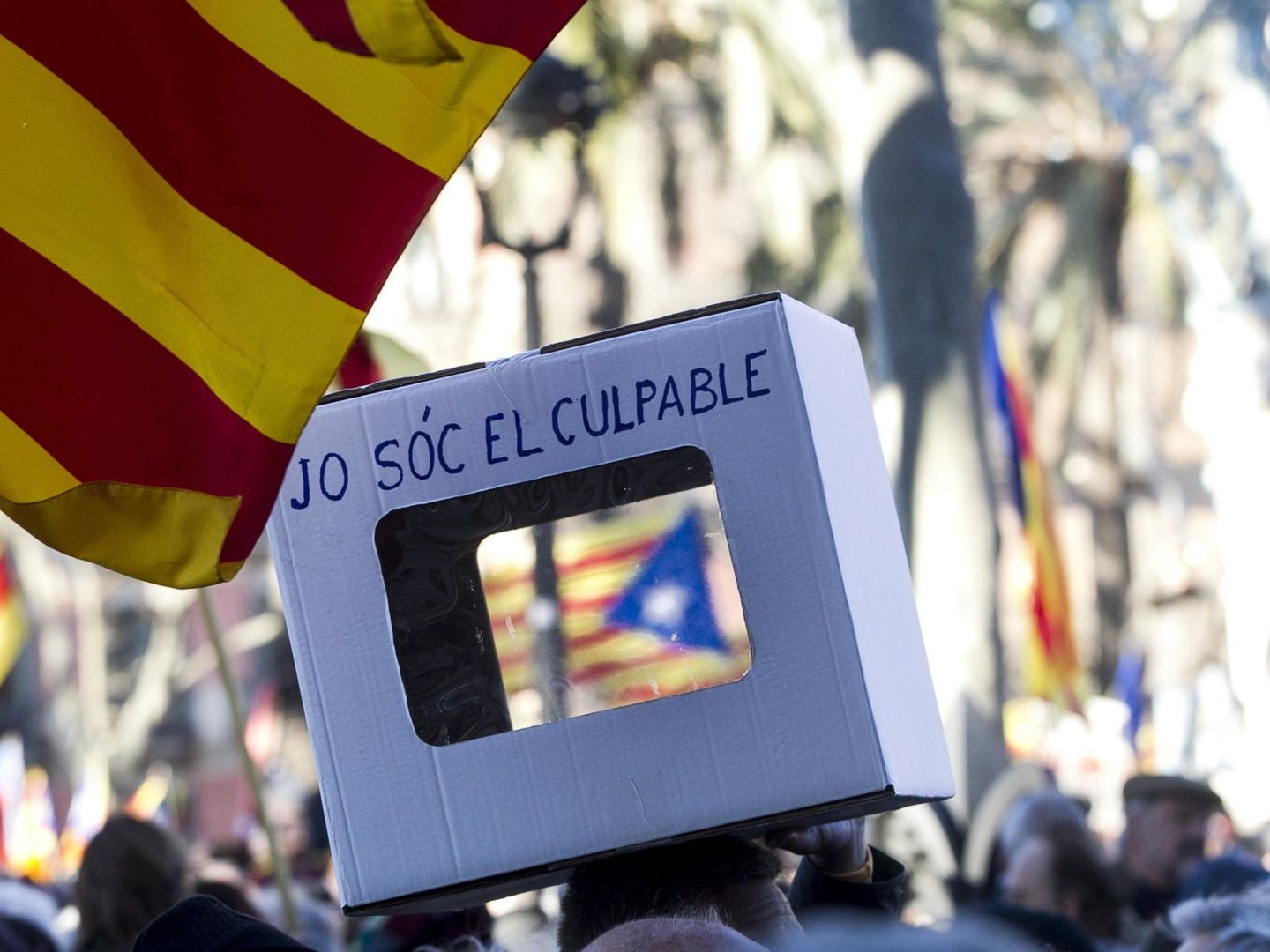 Una persona lleva una urna reivindicativa en apoyo al expresidente Artur Mas. (EFE)