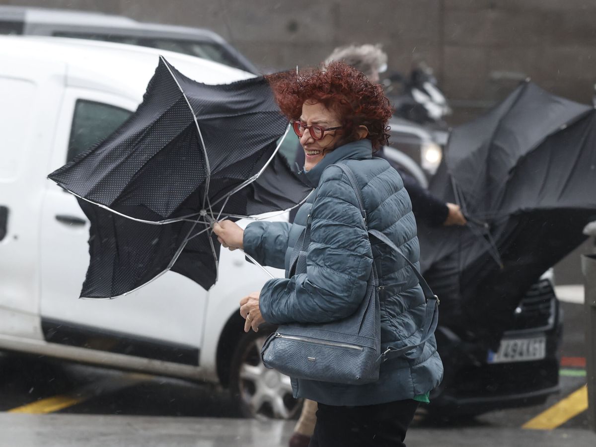 Foto: Una viandante se enfrenta a las fuertes rachas de viento mientras camina por una calle del centro de Madrid. (EFE / Juan Carlos Hidalgo)
