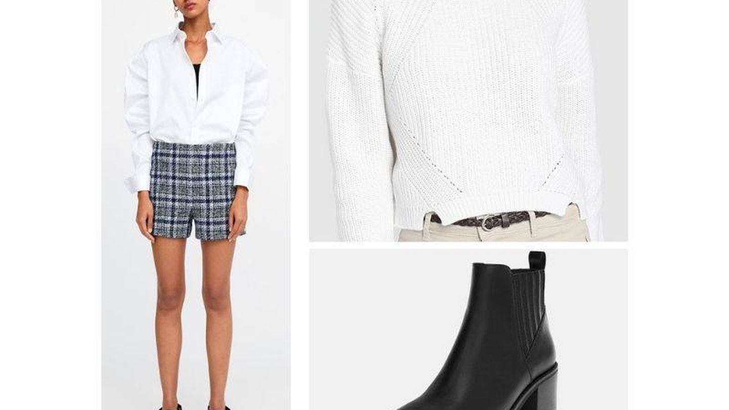 Short de Tweed Zara (9,99€), botas negras Zara (12,99€) y jersey liso Easy Wear (7,99€). (Cortesía)