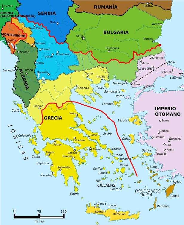 La línea roja marca los territorios que pertenecían al Imperio Otomano antes de la Guerra de los Balcanes (C.C)