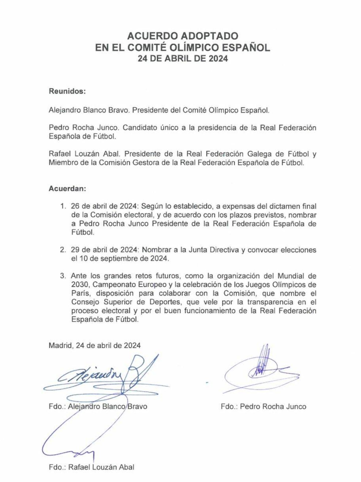 Carta firmada por Blanco, Rocha y Louzán.