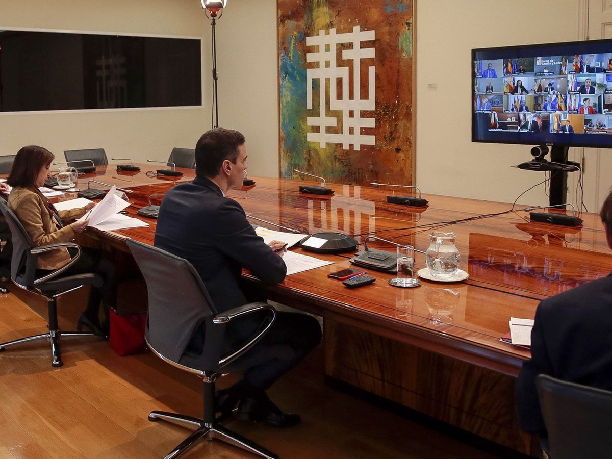 Foto: Sánchez preside, junto a los ministros con competencias delegadas, la videoconferencia con los presidentes autonómicos, este domingo en la Moncloa. (EFE)