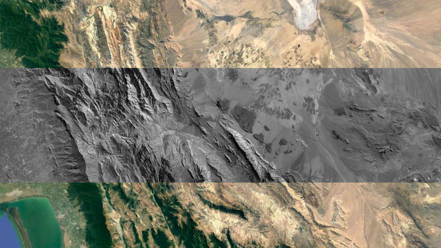 Montañas al sur de Turkmenistán, observadas por DRAGO-2. La imagen se ha superpuesto a las imágenes del satélite Landsat. (IACTEC)