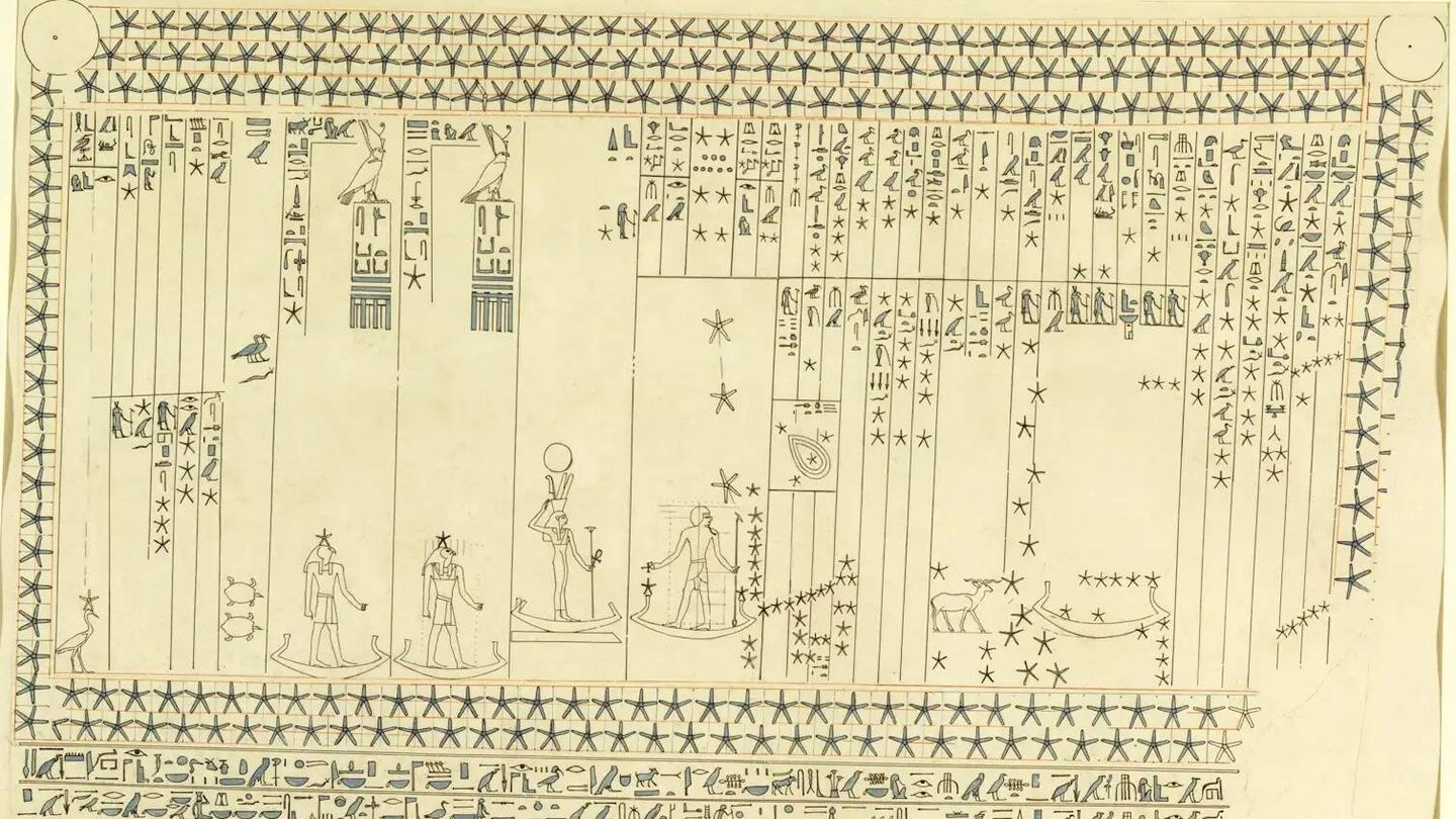 Mitad sur del techo astronómico de la tumba de Senenmut (ca. 1479-1458 a. C.), que muestra planetas, constelaciones y listas de estrellas. (Museo Metropolitano de Arte, Nueva York; Fondo Rogers, 1948.)
