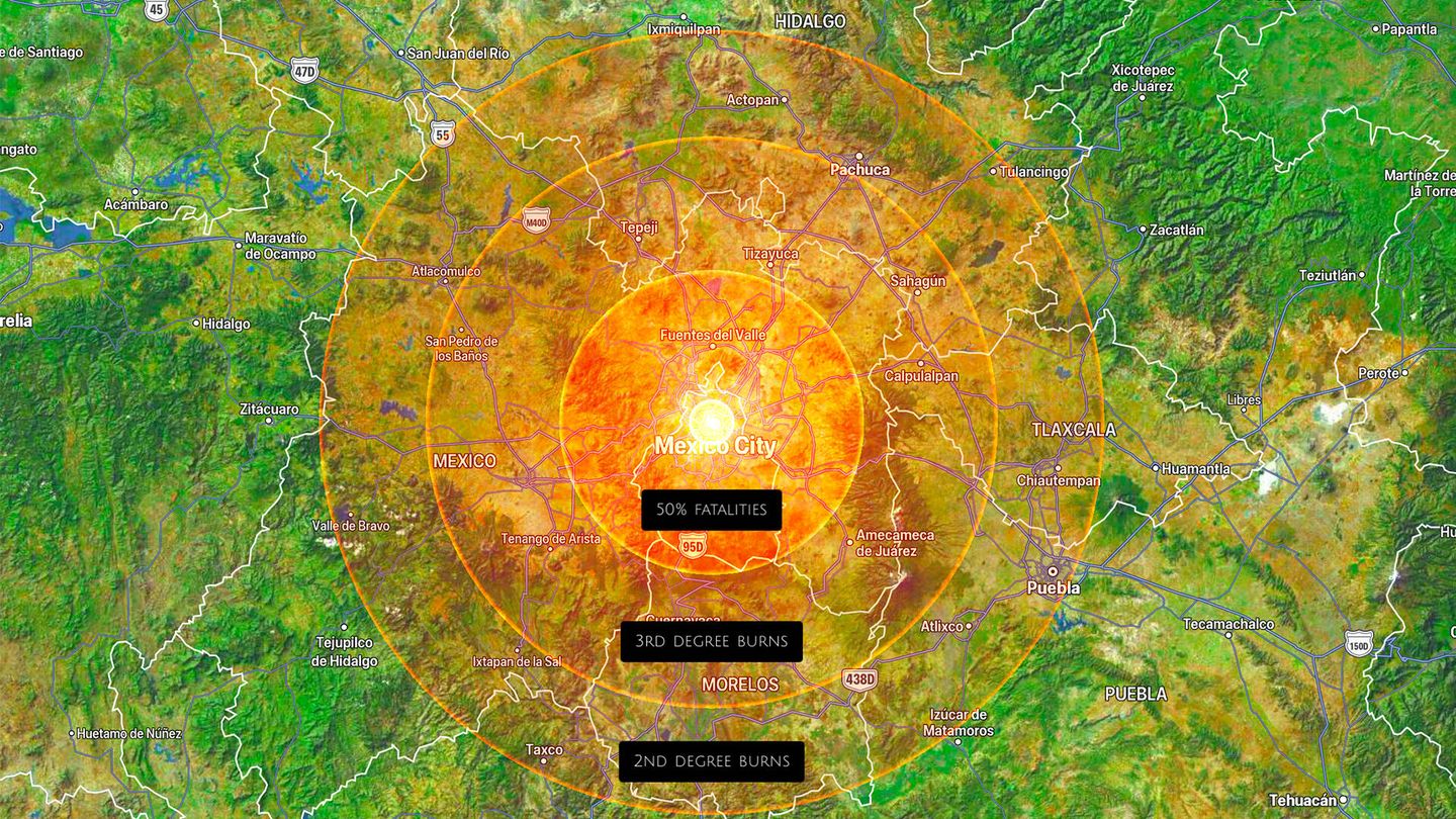 Bola de fuego del impacto de un asteroide de 300 metros en Ciudad de México.
