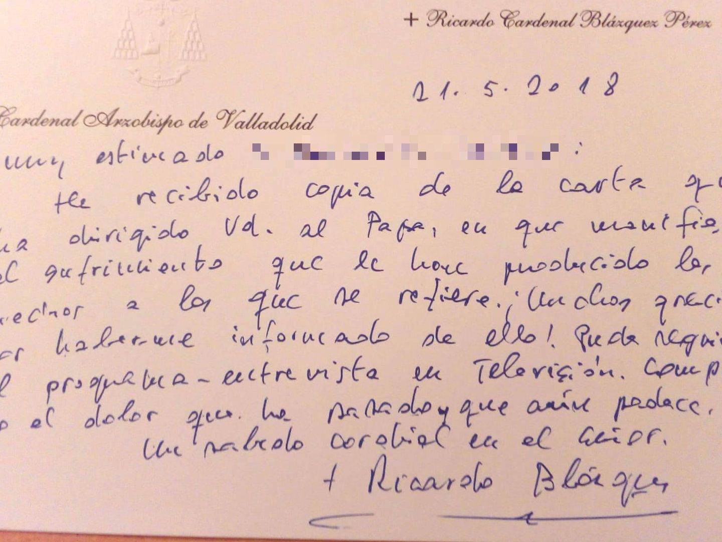 La carta enviada por el presidente de la Conferencia Episcopal, Ricardo Blázquez. (Foto: EC)
