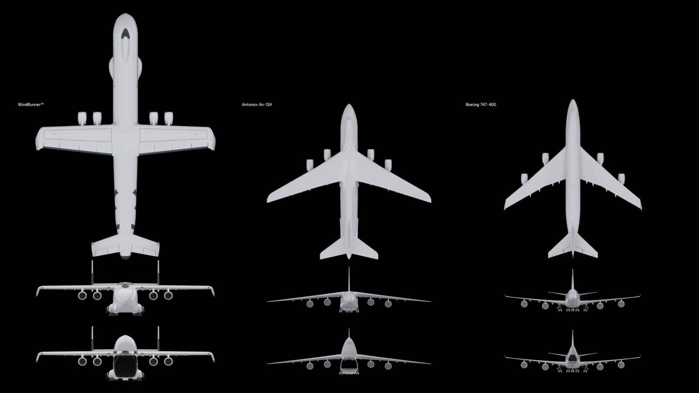 Comparativa del Windrunner, el Antonov AN-124 (todavía operativo) y un Boeing 747. (Radia)