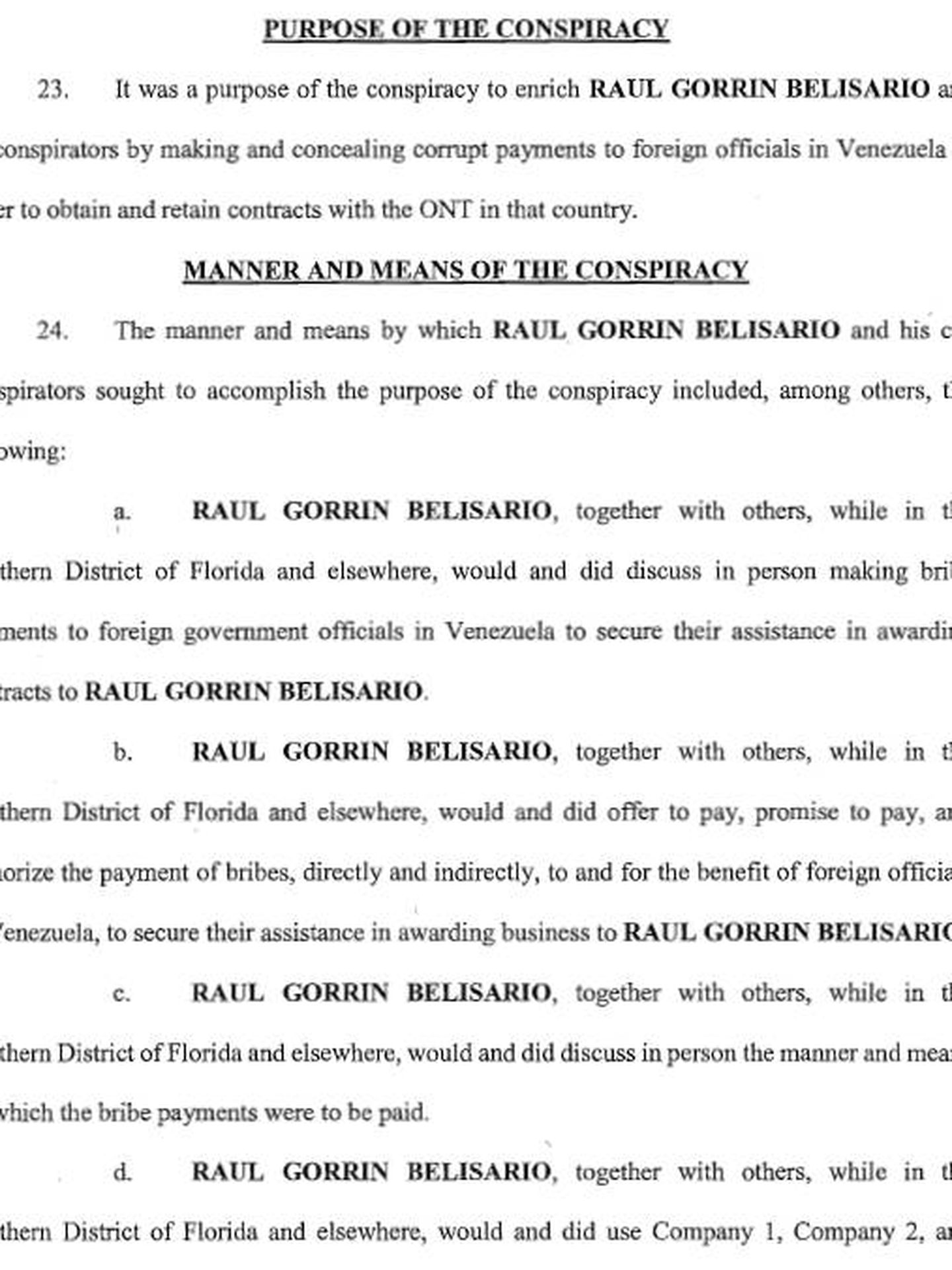 Extracto de uno de los escritos de acusación contra Raúl Gorrín de un tribunal de Florida, agosto de 2018.