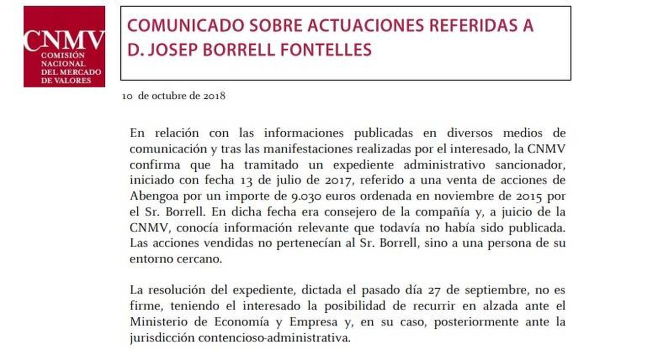 Comunicado de la CNMV sobre Borrell.