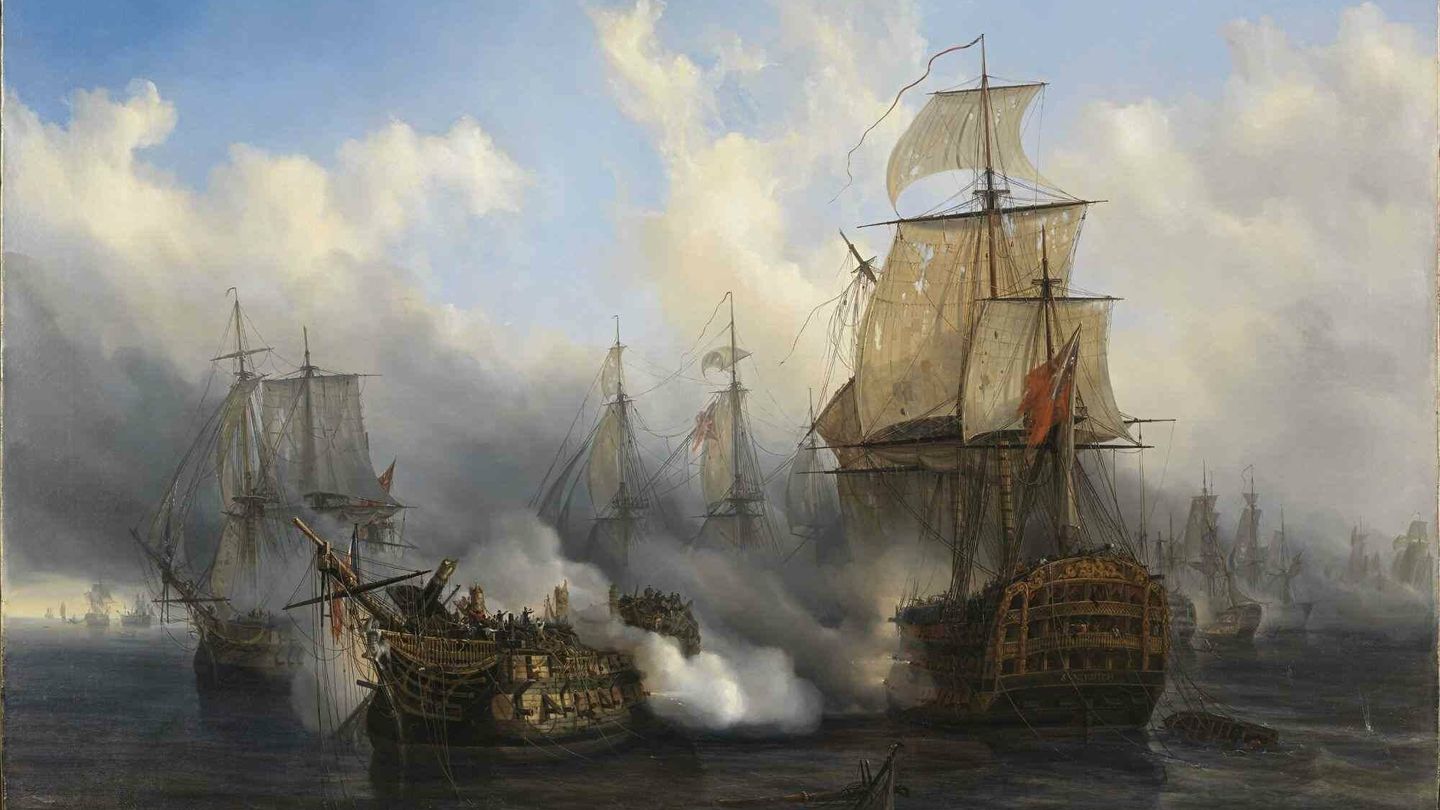 Pintura que representa una escena de la batalla de Trafalgar. Por Auguste Mayer en 1836. Fuente: Wikipedia. 