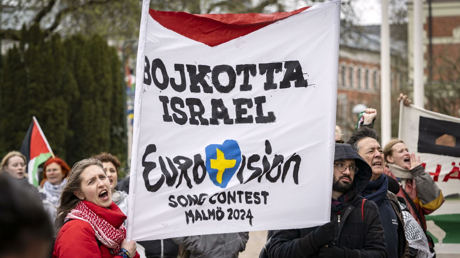 Manifestación de activistas en Suecia por la expulsión de Israel de Eurovisión 2024. (EFE/Johan Nilsson)