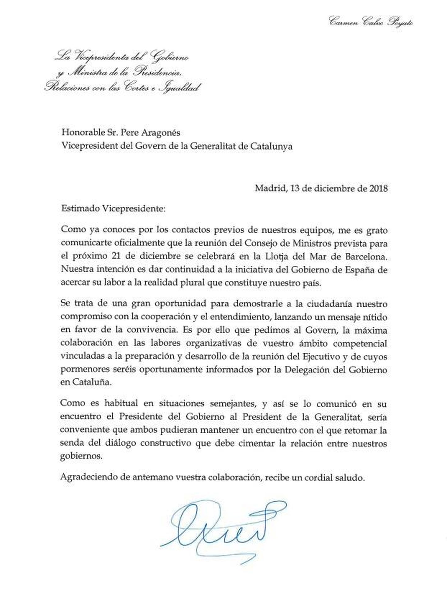 Carta enviada por el Gobierno a la Generalitat