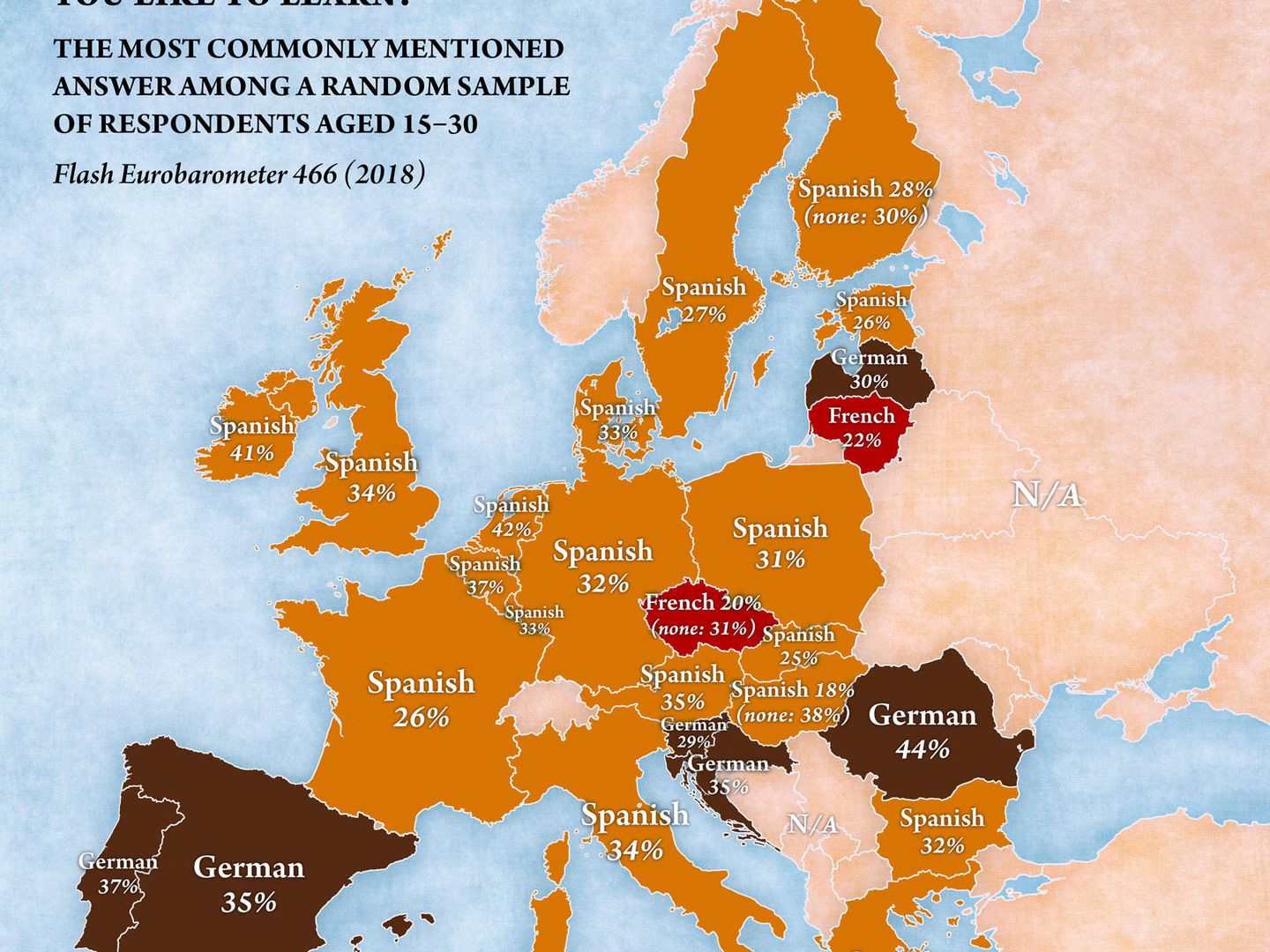 Mapa sobre el interés en idiomas en Europa. (Jakubmarian | The Stockholm Index)