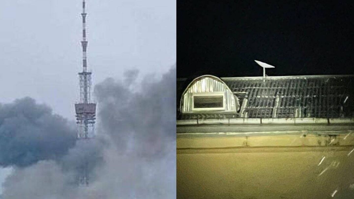 Izquierda: torre de televisión ucraniana atacada por los rusos. Derecha: antena Starlink instalada por el gobierno ucraniano (Mikhailo Fedorov)