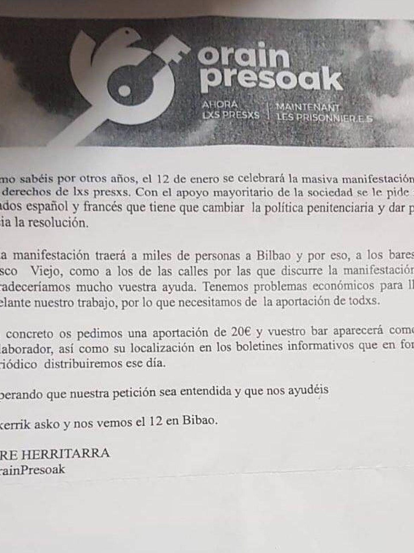 Escrito remitido por Sare a bares de Bilbao para pedirles una 'ayuda' de 20 euros. (Partido Popular) (Pinche para ampliar)
