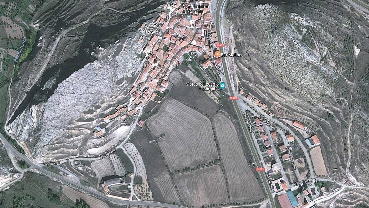 Vista cenital del pueblo de Gargallo. (Google maps)