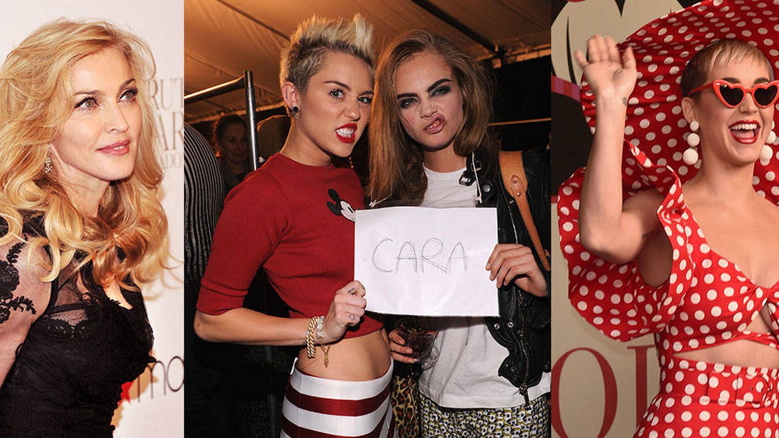 Foto: Madonna, Miley Cyrus, Cara Delevingne y Katy Perry juegan con sus dientes. (Getty)