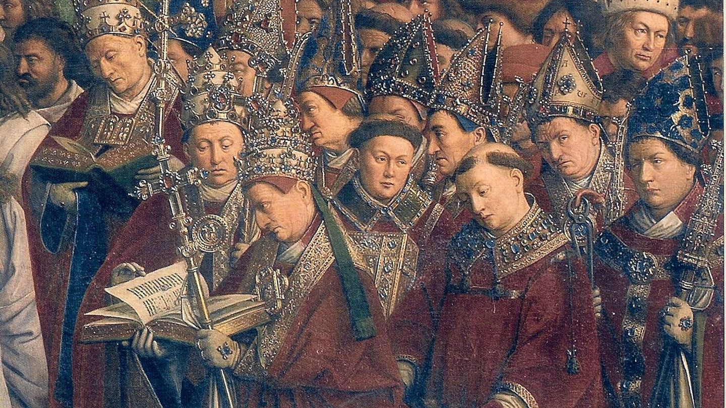 Papas y los obispos visten túnicas moradas en la obra de Jan van Eyck 'En Retablo de Gante'. Fuente: Wikipedia.
