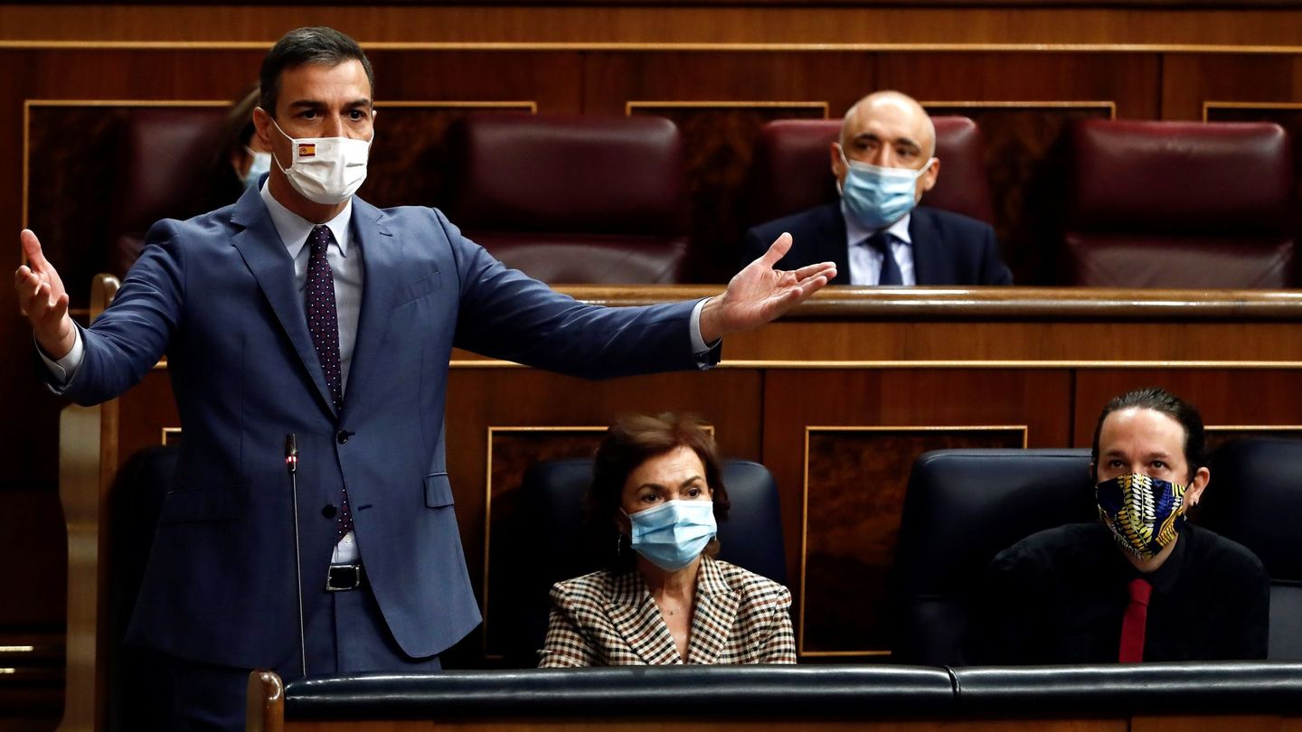 MADRID, 14 10 2020.- El presidente del Gobierno, Pedro Sánchez, durante su intervención en la sesión de control al Ejecutivo este miércoles en el Congreso. (EFE)