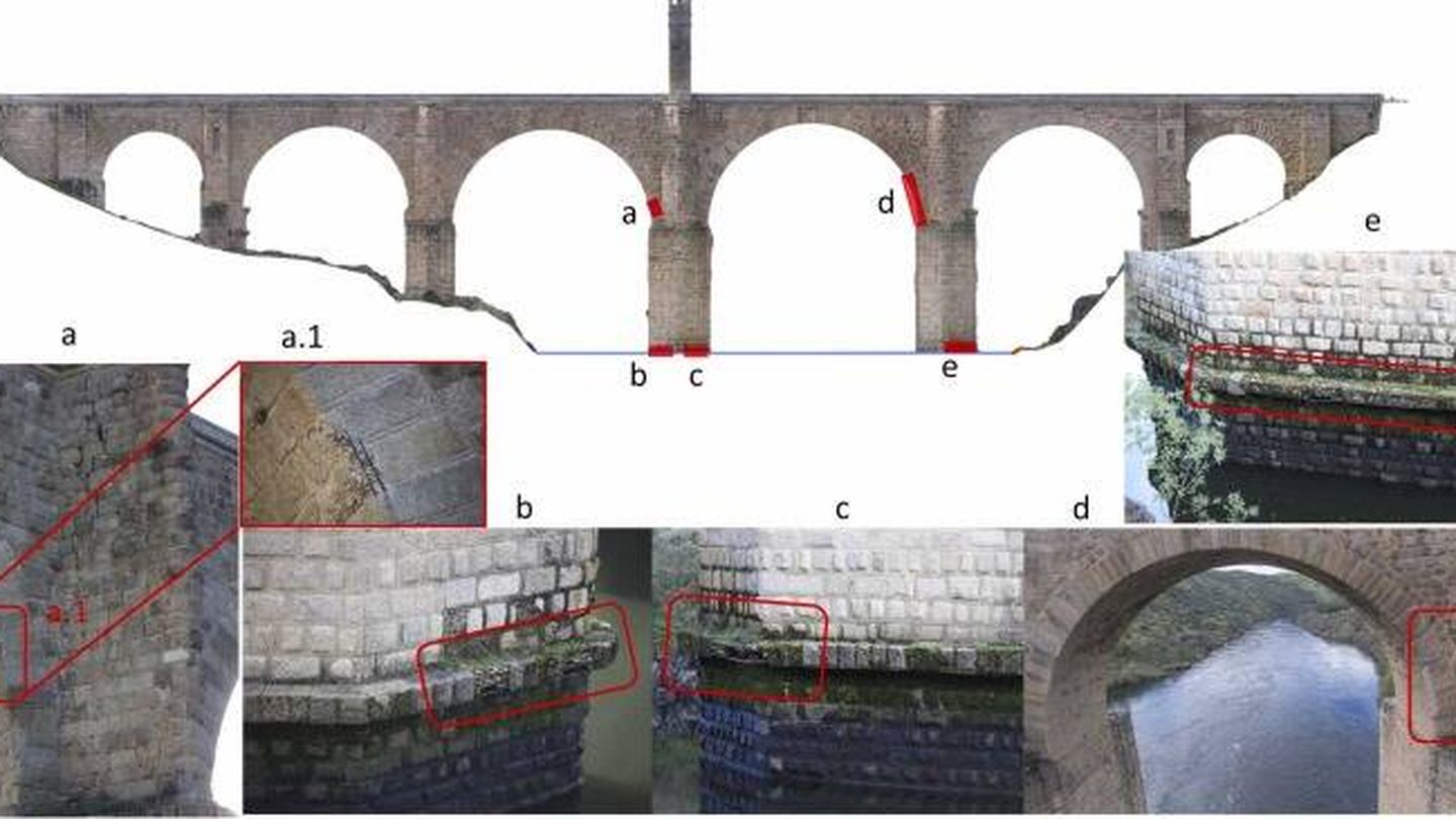 Una de las imágenes incluidas en el estudio, en la que se aprecian las cornisas del puente de Alcántara.