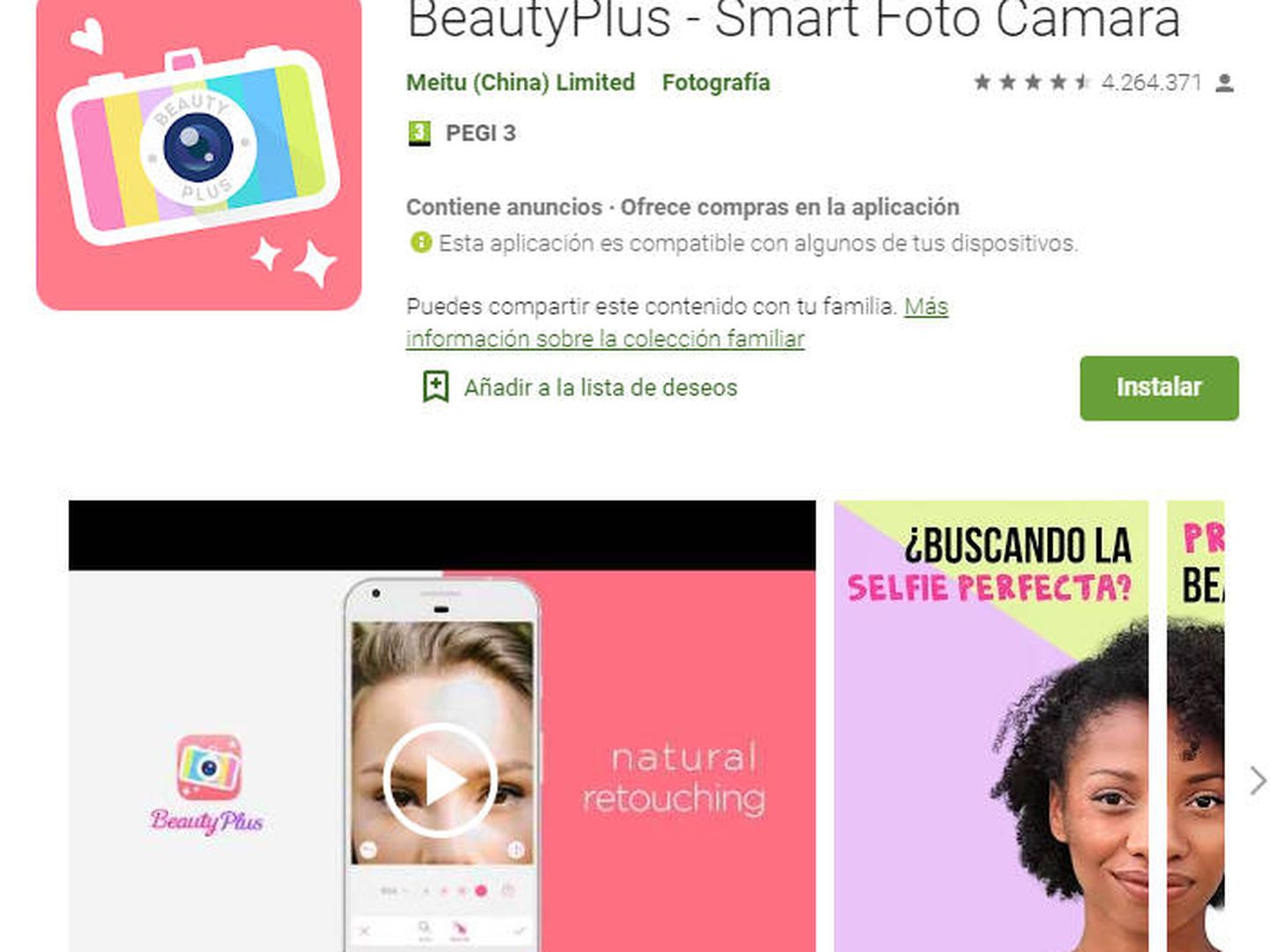 Ficha de BeautyPlus en Play Store. Foto: Play Store