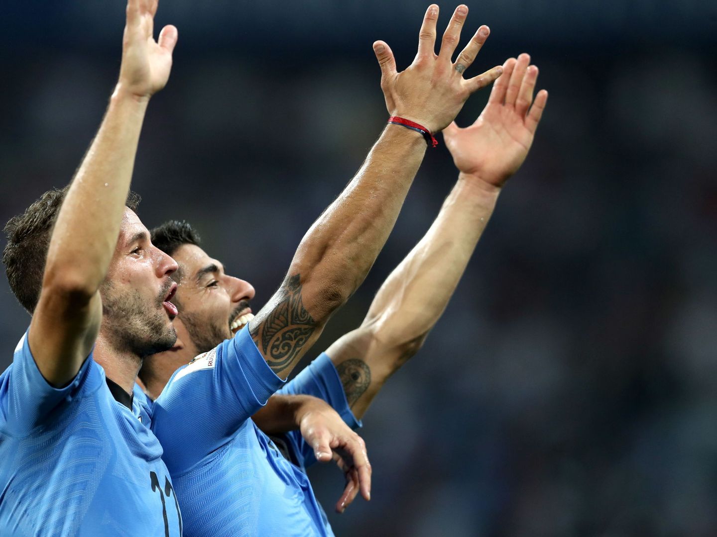 Stuani y Luis Suárez celebran una victoria de Uruguay en el pasado Mundial de Rusia. (EFE)