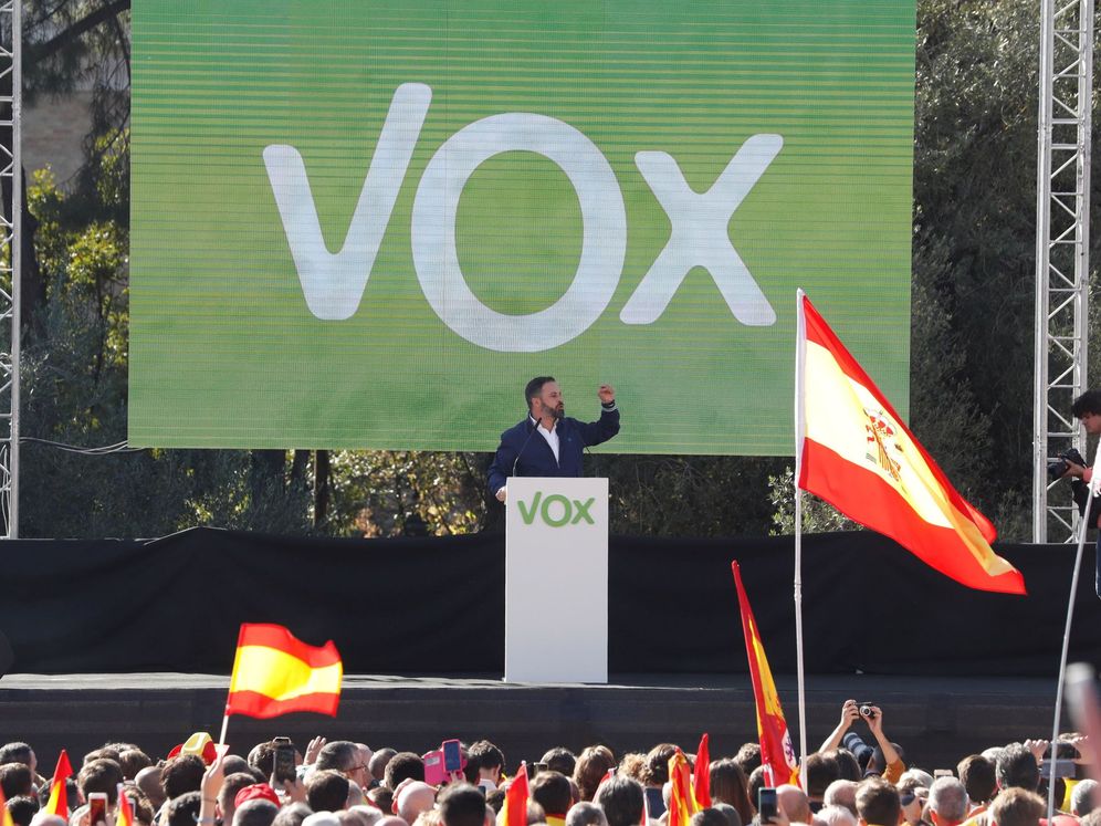 Foto: El presidente de Vox, Santiago Abascal, durante su intervención este sábado en la plaza de Colón. (EFE)