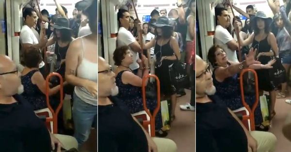 Foto: Montaje con varias imágenes del vídeo en el que se ve a la mujer cargar contra una niña extranjera por sentarse. (Vídeo: Iram Martínez)