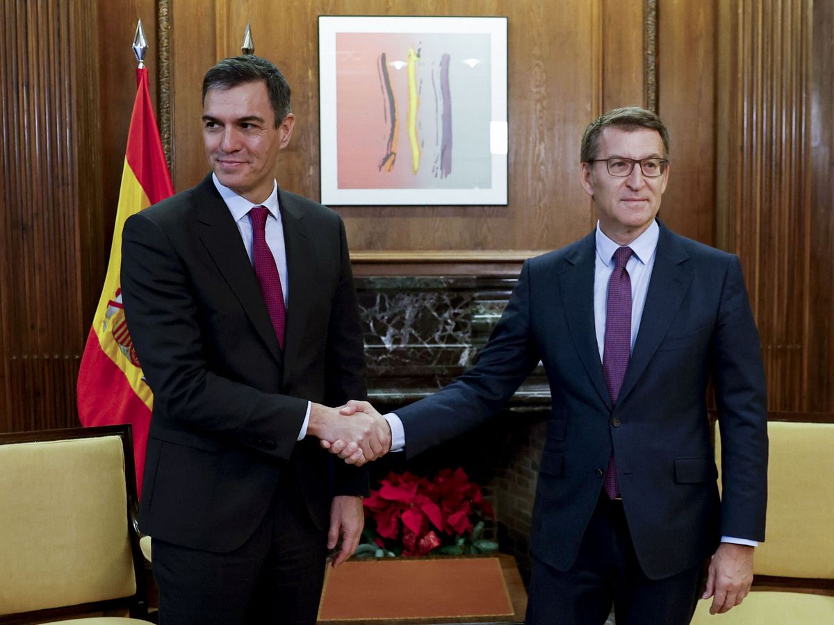 Foto: El presidente del Gobierno, Pedro Sánchez (i), junto al líder de la oposición, Alberto Núñez Feijóo (d). (EFE/Chema Moya)