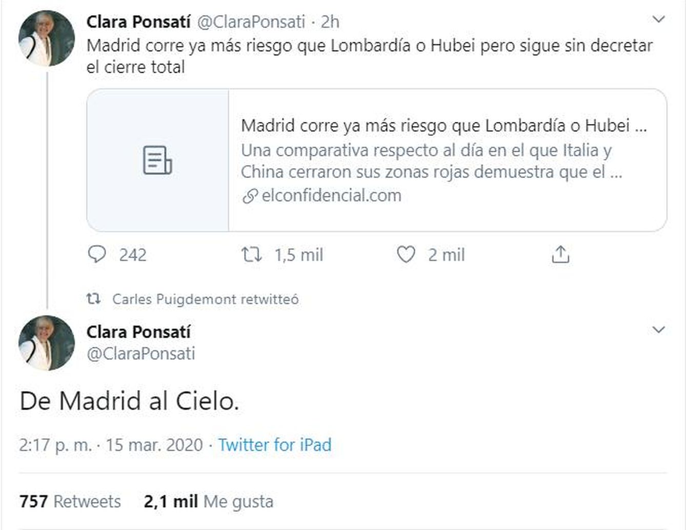 Imagen del tweet de Ponsatí, que finalmente ha decidido borrar.